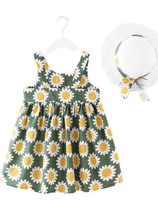 Girls Dress Sunflower Hat White Green