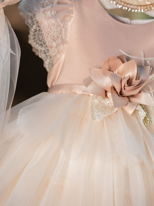 Haine de botez pentru fete Tip Rochie cu corset din satin cu detalii de dantelă pe mâneci și fustă din tulle cu volane și funda din dantelă pe spate accesorii pentru păr lucrate manual cu flori perle și pene detalii de dantelă bandă de satin pentru păr
