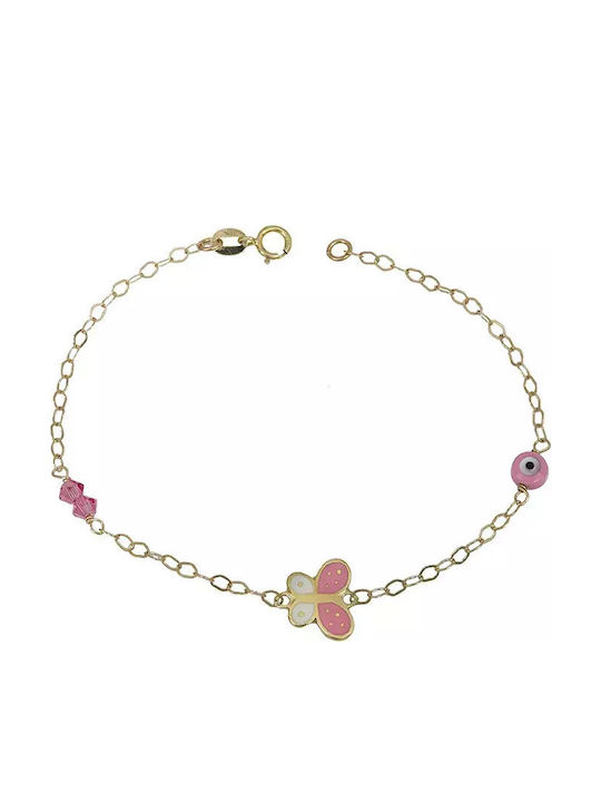 Kids Bracelet Chain from Gold 9K with Butterfly, Evil Eye & Stones