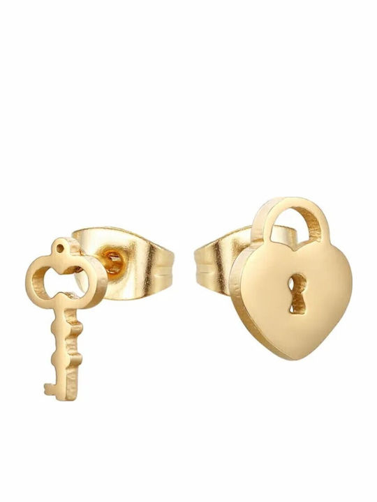 Steel Hypoallergenic Kids Earrings Lock Heart Gold Plated