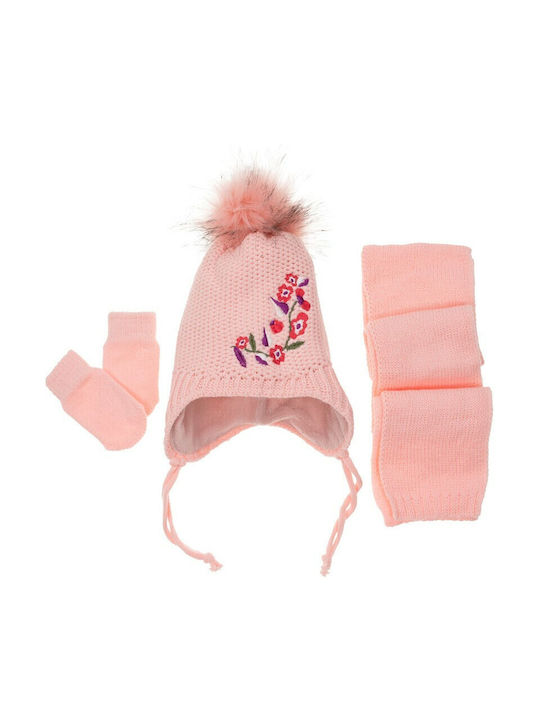 Kids Beanie Set with Scarf & Gloves Knitted Pink