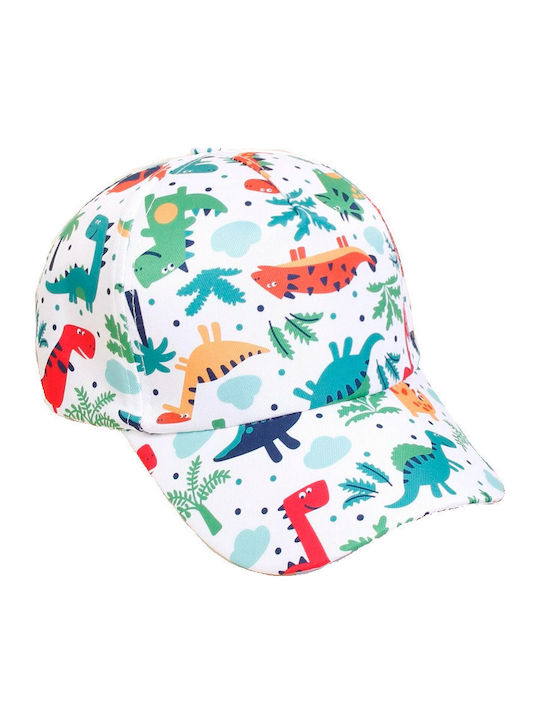 Kids' Fabric Hat Jockey White with Multicolored Dinosaurs 51-52cm 4-10 Years Tatu Moyo