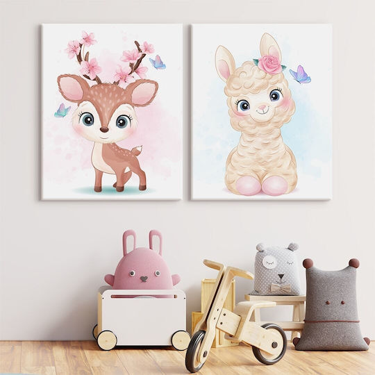 2-Teilig Kinder Wandkunst Leinwand Lama Reh Die Schmetterlinge