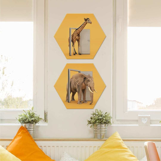 Hexagonal Kids Wall Art Set of 2 Pieces Giraffe Elephant 35x30cm