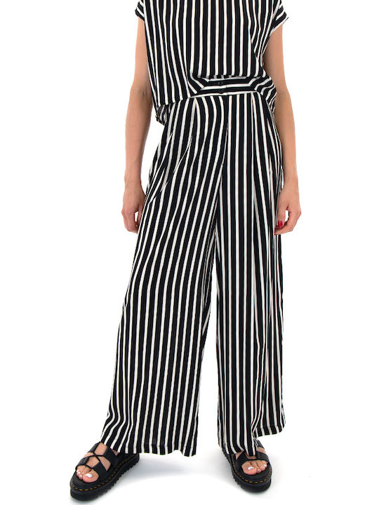 Damen Hoch tailliert Stoff Hose in Weiter Linie Gestreift Ecru-black