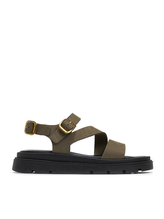 Leather Women's Flat Sandals Flatforms in Khaki Color
