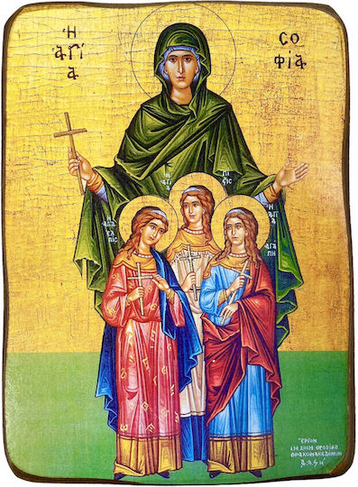 Wooden Saint Icon Hagia Sophia The Three Daughters Faith Hope Love Size 7x10cm