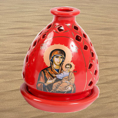 Vigil Oil Lamp Red Porcelain Icon of Virgin Mary Height 16cm