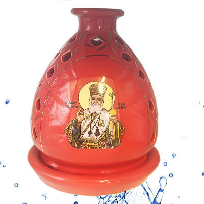 Vigil Oil Lamp Red Porcelain Height 16cm Image of Saint Nektarios