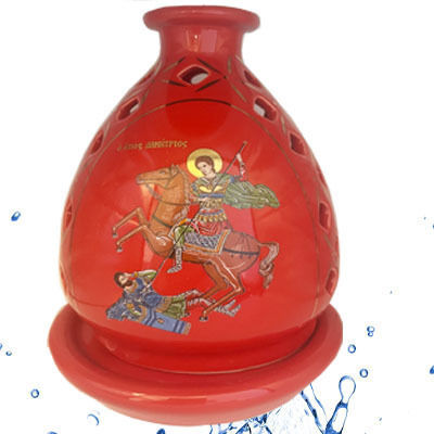 Vigil Oil Lamp Red Porcelain Height 16cm Image of Saint Demetrios