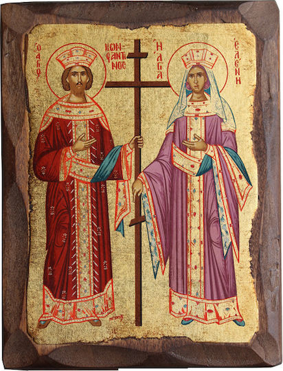 Heiligenikonen St. Konstantin & Helena Kambas mit Gold und Naturholz 16x21cm