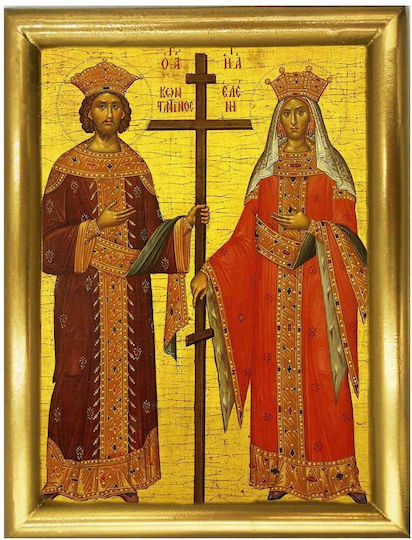 Άγιοι Κωνσταντίνος & Ελένη Ξύλινη Εικόνα Πολυτελείας Επίχρυση Λάκα 22cm