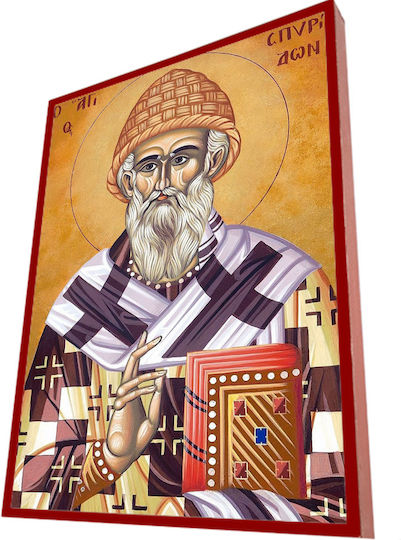 Heiliger Spyridon – Klassisches Byzantinisches Heiligenikone in Ziegelrot, 28cm Riegel