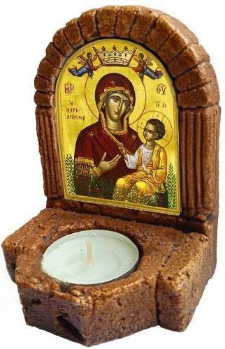 Heiligenikone der Heiligen Maria Myrtidiotissa – Keramik Eikonostasi Kerzenhalter Réso 11cm