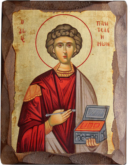 Saint Panteleimon Canvas Frame Gold and Natural Wood 16x21cm