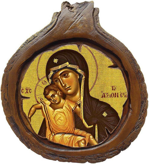 Saint Mary Icon Axion Esti – Wall or Table Ceramic Wooden Frame Diameter 20cm