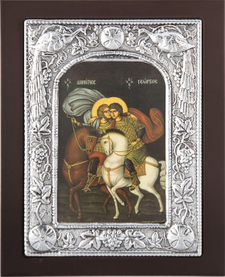 Image Saint Dimitrios & Saint George Black Wood Covering Silver Leaf 925 Code 105 23x28cm