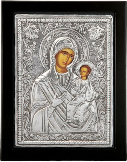 Heiligenikone "Heilige Maria Odigitria" Schwarzes Holz Überzug Blatt Silber 925 Kod 106 30×40cm