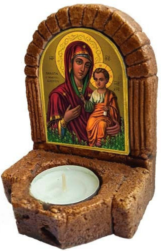 Heiligenikone der Heiligen Maria Myrtidiotissa – Keramik Eikonostasi Kerzenhalter Réso 11cm