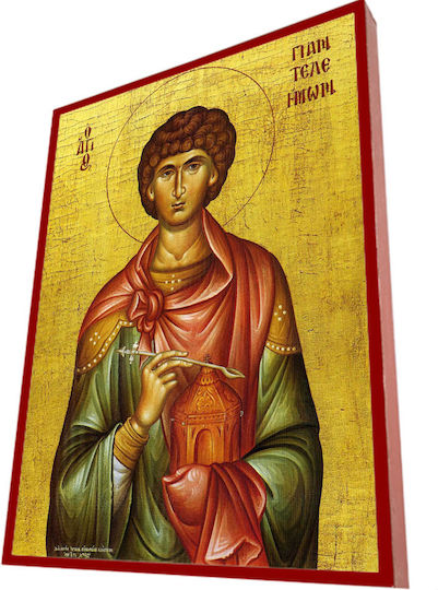 Heiliger Panteleimon – Klassisches Byzantinisches Heiligenikone in Ziegelrot 19cm