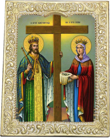 Heiligenikonen St. Konstantin & Helena Weiße Rahmen Alabaster 32cm