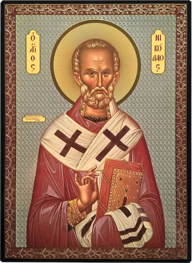 Saint Nicholas Archbishop of Myron Lykia Flat Image Gold-Leaf Category Paper Xkl No 1 Dimensions 14.0cm x 20.0cm Wooden MDF S&k Byzantine Icons