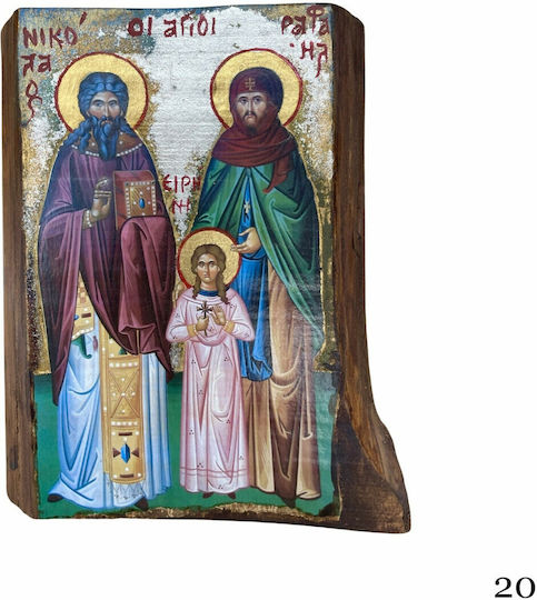 Wooden Saint Icons Mixed Technique Natural Trunk 24.0 X 19.0cm Saints Raphael Nicholas Irene Code 20