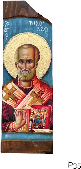 Wooden Saint Icon of Mixed Technique Natural Trunk 30.0 x 10.0cm St. Nicholas R35