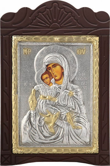 Icoană Sfântă Sculptată Din Lemn „Fecioara Maria A Ciclului” Acoperire Cu Foiță De Argint 925 Aurire Locală Cod 203 15x23