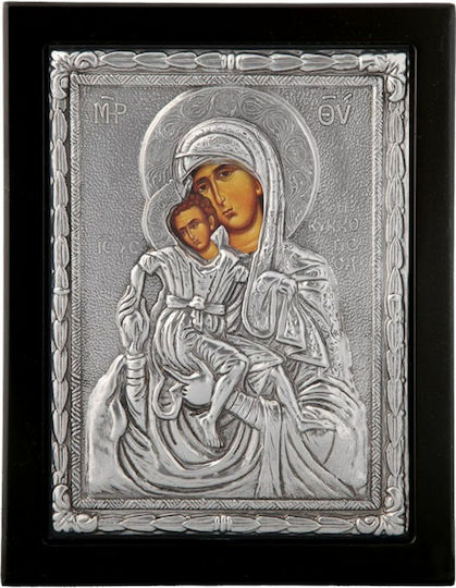 Heiligenikone "Panagia Tou Kykkou" Schwarzes Holz Überzug Blatt Silber 925 Code 106 30x40cm