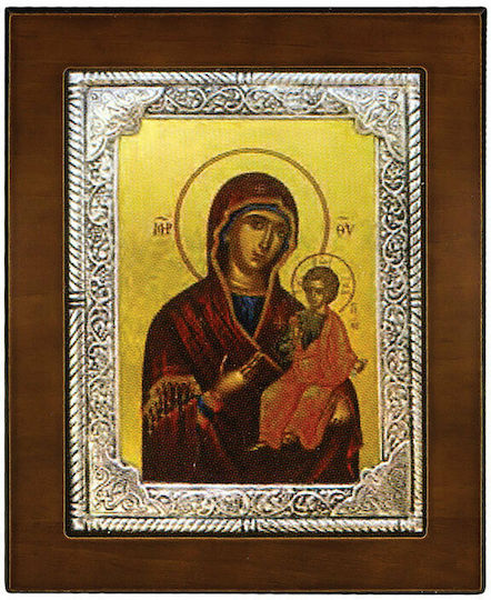 Saint Icon Holy Mary Immaculate Coated Silver 925° Brown Wood 17x14