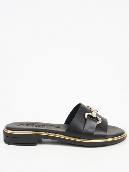 Leather Women's Flat Sandals in Black Color