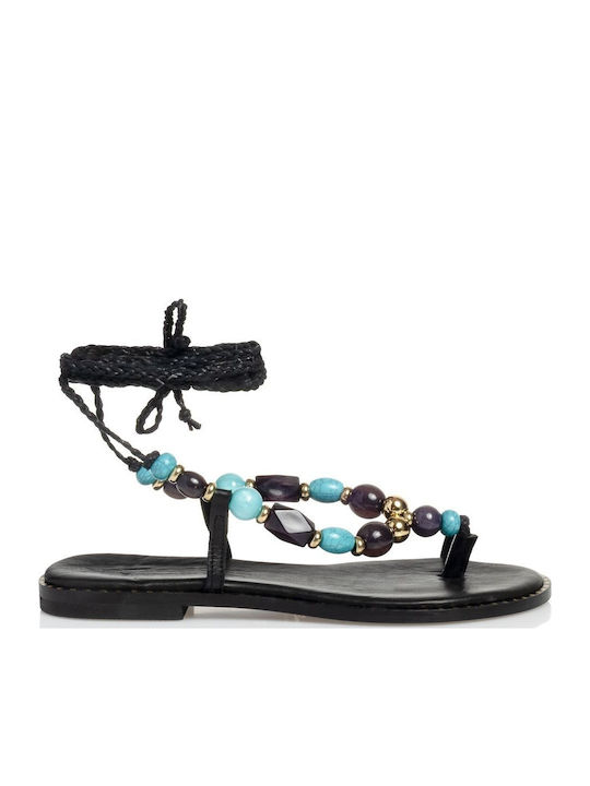 Leather Women's Flat Sandals in Black Color