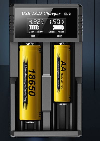 Naxius NXCRBEL-002 USB Charger 2 Batteries Li-ion/Ni-Cd/Ni-MH Size AA/AAA/18650/21700/16340/26650/14500