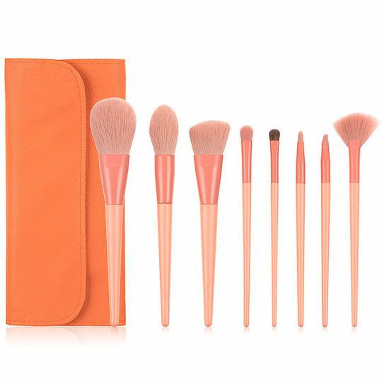 8 Wooden Make Up Brushes Natural Bristle Storage Case Coral Case