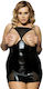 Schwarzes Leder-Babydoll in Übergröße mit offenen Cups