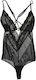 Freemove Sexy Schwarzes Bodysuit-String Tüll Spitze 18501