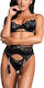 Alondra Sexy Lingerie Set Underwire Garter Thong Embroidered Floral & Chain Details