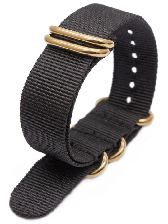 Curea Textilă Nato Zulu Heavy Duty 5 Inele Aurii Neagră 24mm