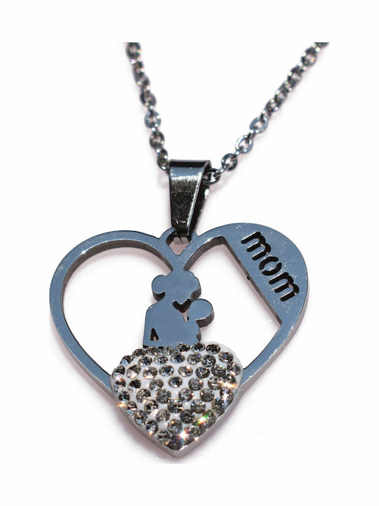 Halskette Aus Stahl Edelstahl Herz Mama Baby Mom Weiße Kristalle Silber Bz-nk-00351