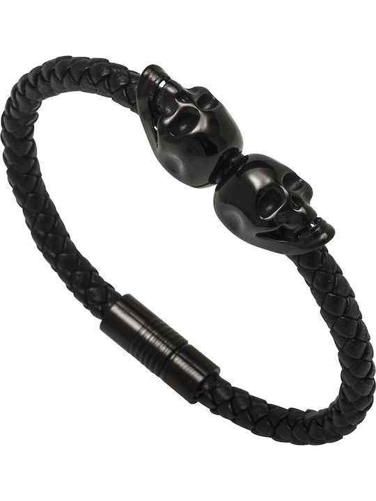 Tribute Brățară Pentru Bărbați Oțel Inoxidabil Cranii Negru Piele Rezistentă La Apă Neagră Rodiu & Închizătoare Magnetică 7 Centimetri Diametru Interior