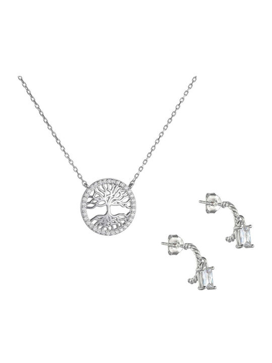 Silver 925 Jewelry Set Necklace Tree Of Life White Zircon Stones Perimeter & Earrings Set-22084w