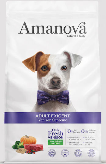 Amanova Exigent 2kg Trockenfutter mit wenig Getreide für erwachsene Hunde mit Hirsche, Brauner Reis, Apfel, Kürbis, Gemüse, Fleisch, Huhn, Kartoffeln, Reis und Pflaume