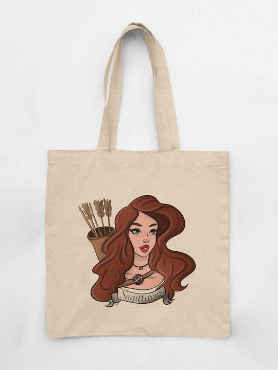 Cotton Fabric Shoulder Bag Ecru Zodiac Sagittarius