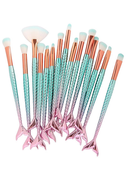 Maange Set 15 Make Up Brushes Mermaid Shape Pinkish Blue