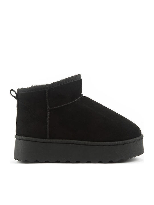 Fshoes Suede Γυναικεία Μποτάκια με Γούνα Μαύρα