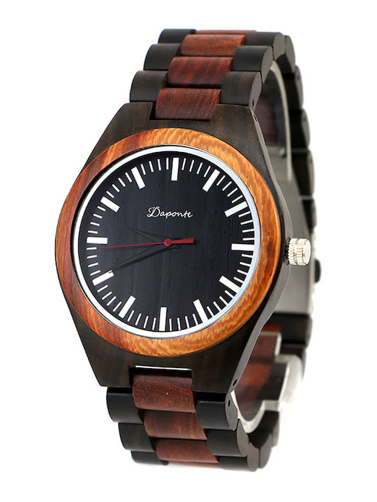 Daponte Men's Watch 45mm Battery with Brown Wooden Bracelet