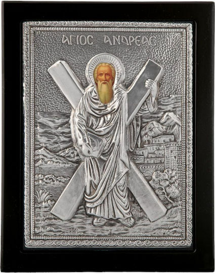 Heiligenikone Apostel Andreas Schwarz Holz Überzug Blatt Silber 925 Code 104 19x24cm