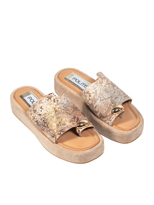 Leather Mules with Low Heel in Gold Color
