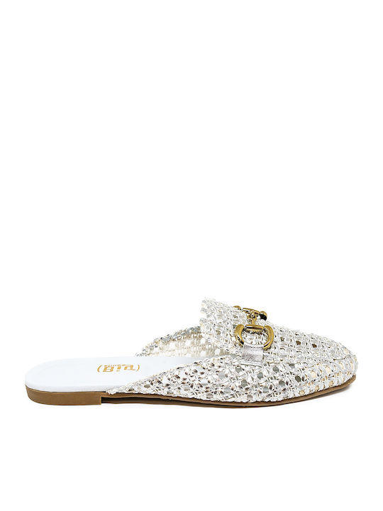Bigshoes Leder Mules mit Absatz in Silber Farbe